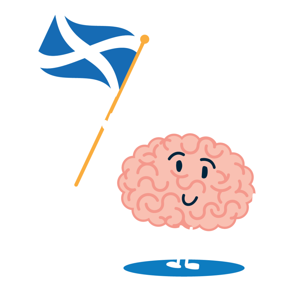 Mascot 'Brian the Brain' waving the Scottish flag