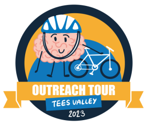 A badge with mascot Brian on a bike. The text reads 'Outreach Tour, Tees Valley 2023'