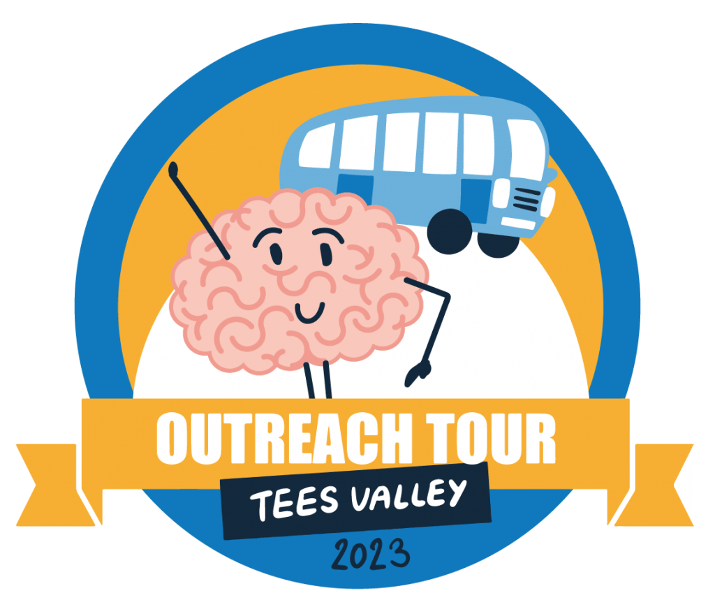 A badge with mascot Brian next to a bus. The text reads 'Outreach Tour, Tees Valley 2023'