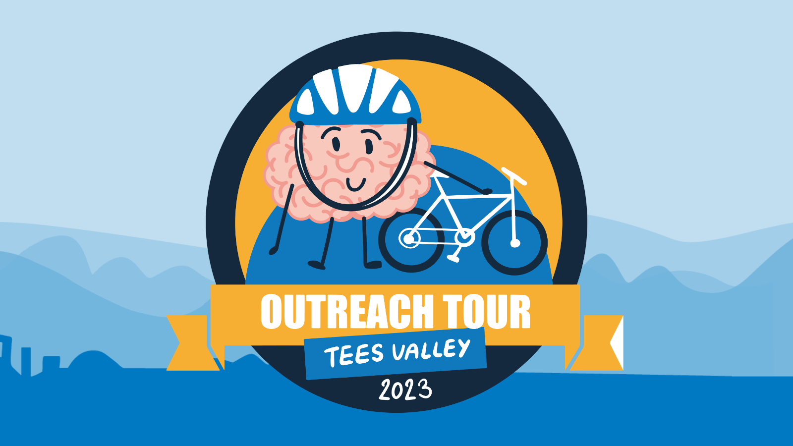 A badge with mascot Brian on a bike. The text reads 'Outreach Tour, Tees Valley 2023'