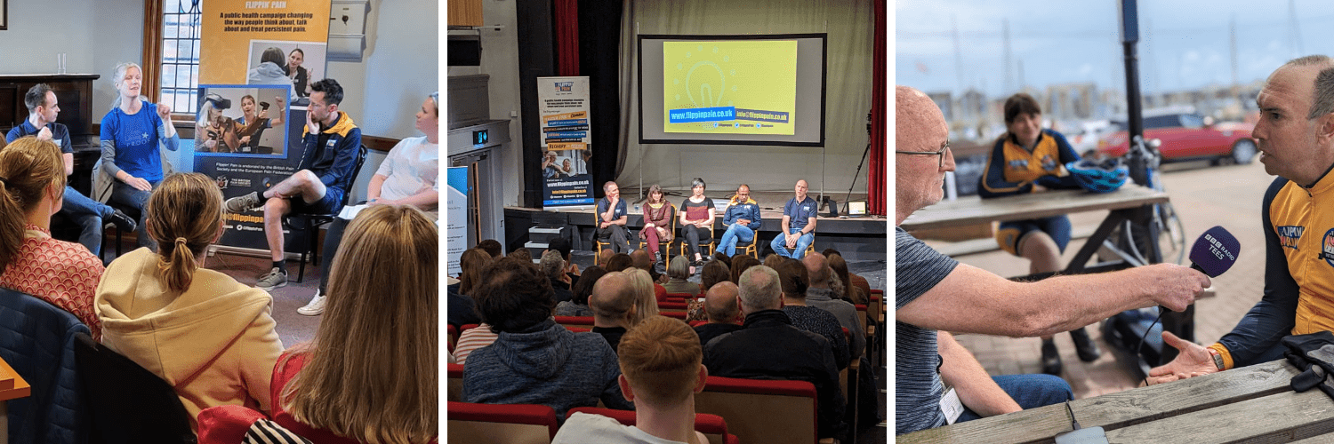 A series of photos showing public and professional talks by Flippin' Pain