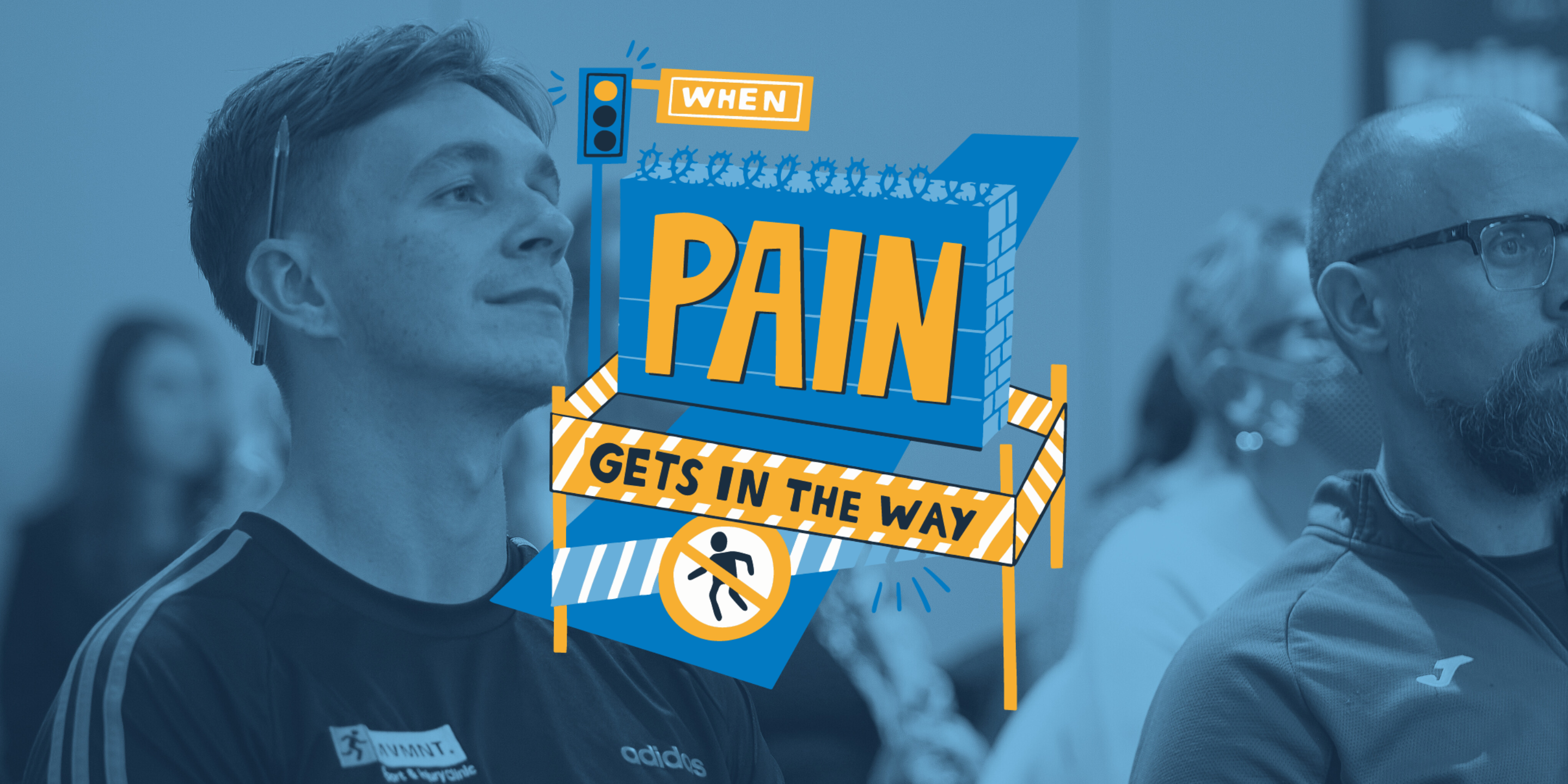 A photo of a seminar with the words 'When Pain Gets in the Way'