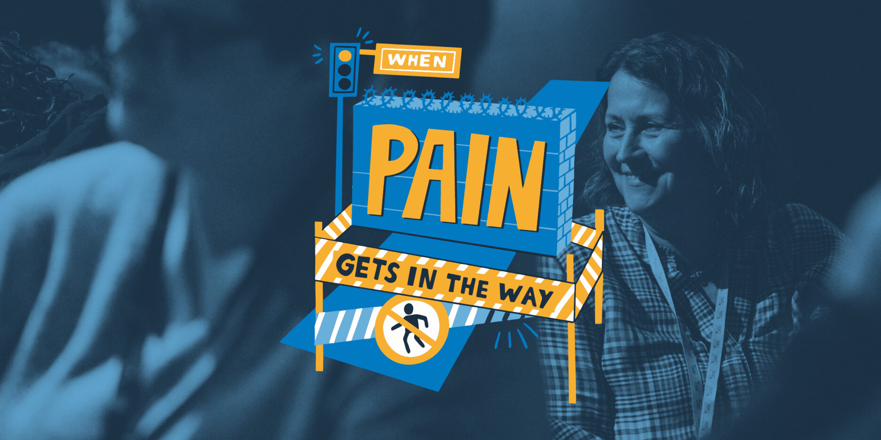 An image of a healthcare professional enjoying an event, alongside the logo for 'When Pain Gets in the Way'