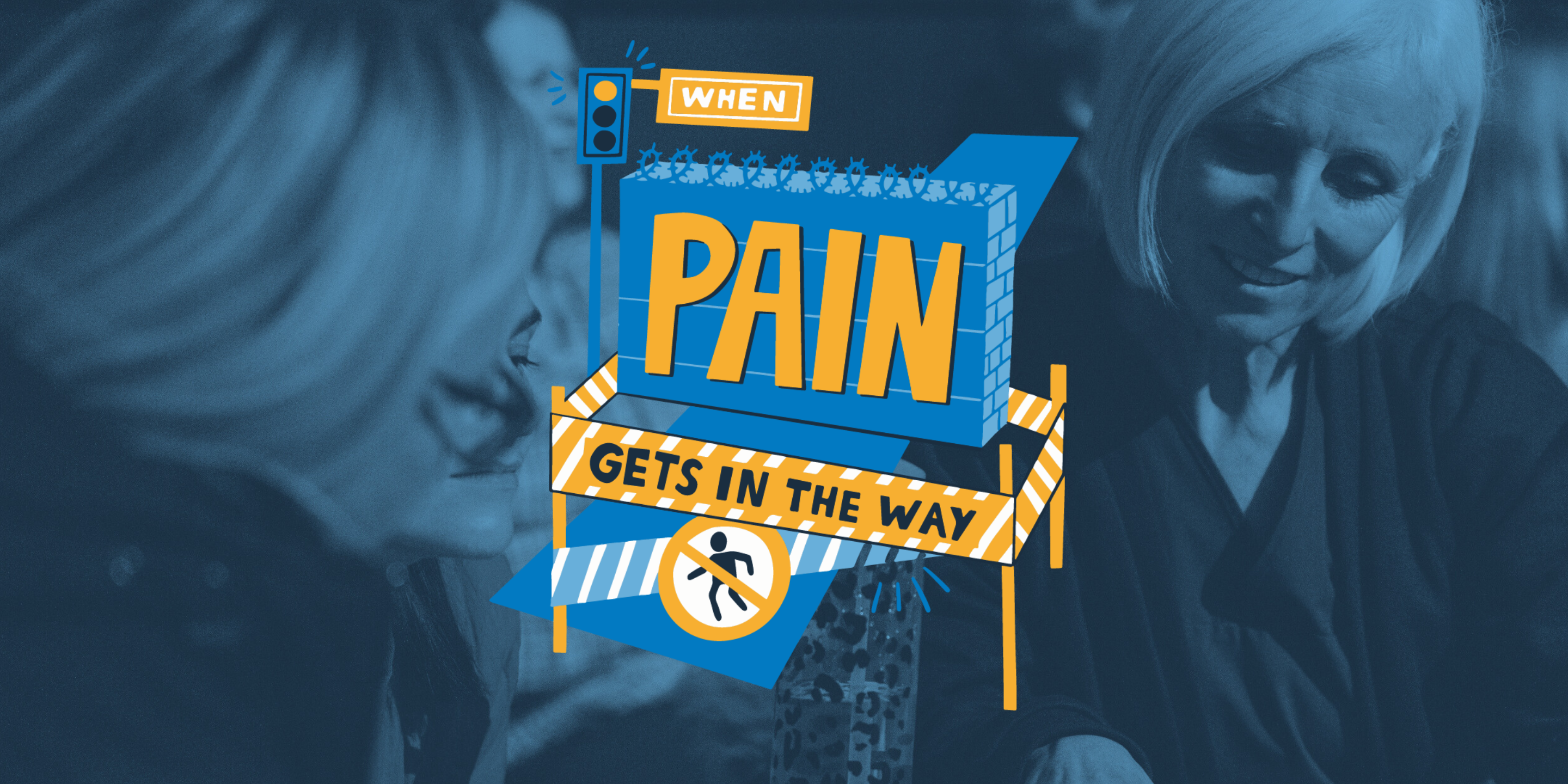 An image of a healthcare professional enjoying an event, alongside the logo for 'When Pain Gets in the Way'