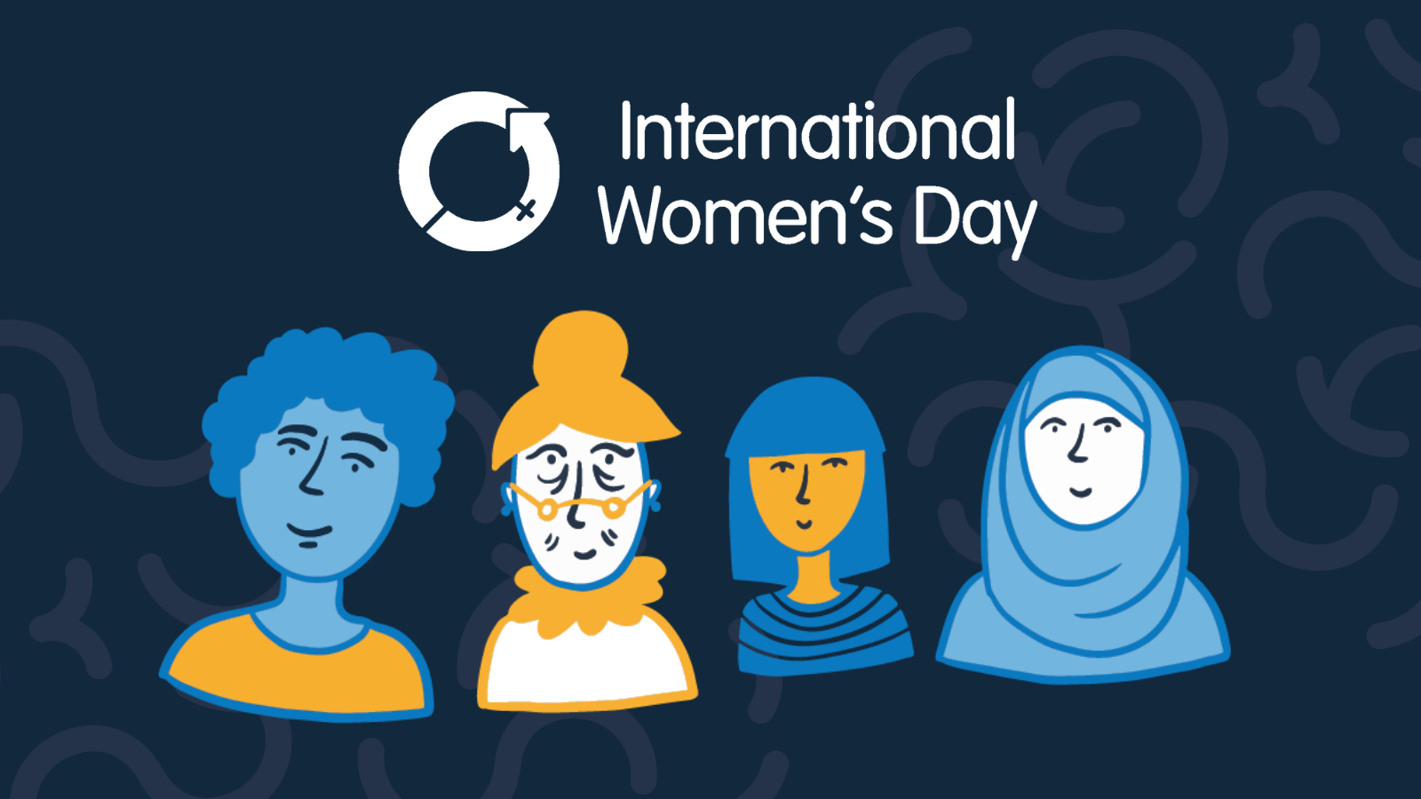 An illustration of women, with the International Women's Day logo above them