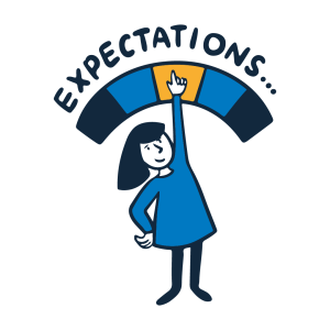 An illustration of a woman pointing upwards to a scale that says 'expectations' on it