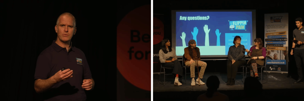 Screenshots from Pain Education for the Nation, including a panel of people talking and Cormac presenting.