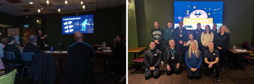 A photograph of a group of healthcare professionals standing and smiling, next to a photograph of a training session.