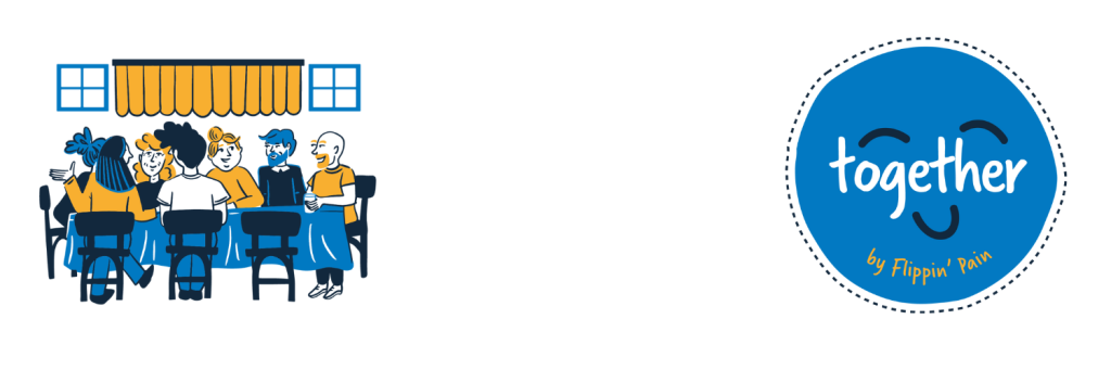 An illustration of a group of people chatting around a table, and a logo for 'Flippin' Pain Together'.