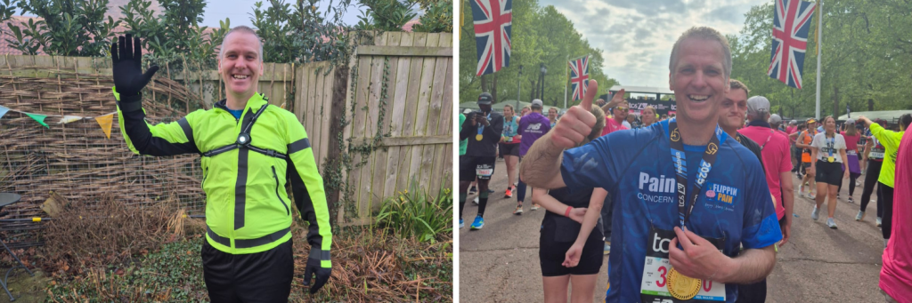 Two photographs of Cormac, one preparing to run and one having finished the London Marathon